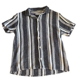 Zara Knit Striped Button Down Shirt Women's Size M Short Sleeve Top Navy White